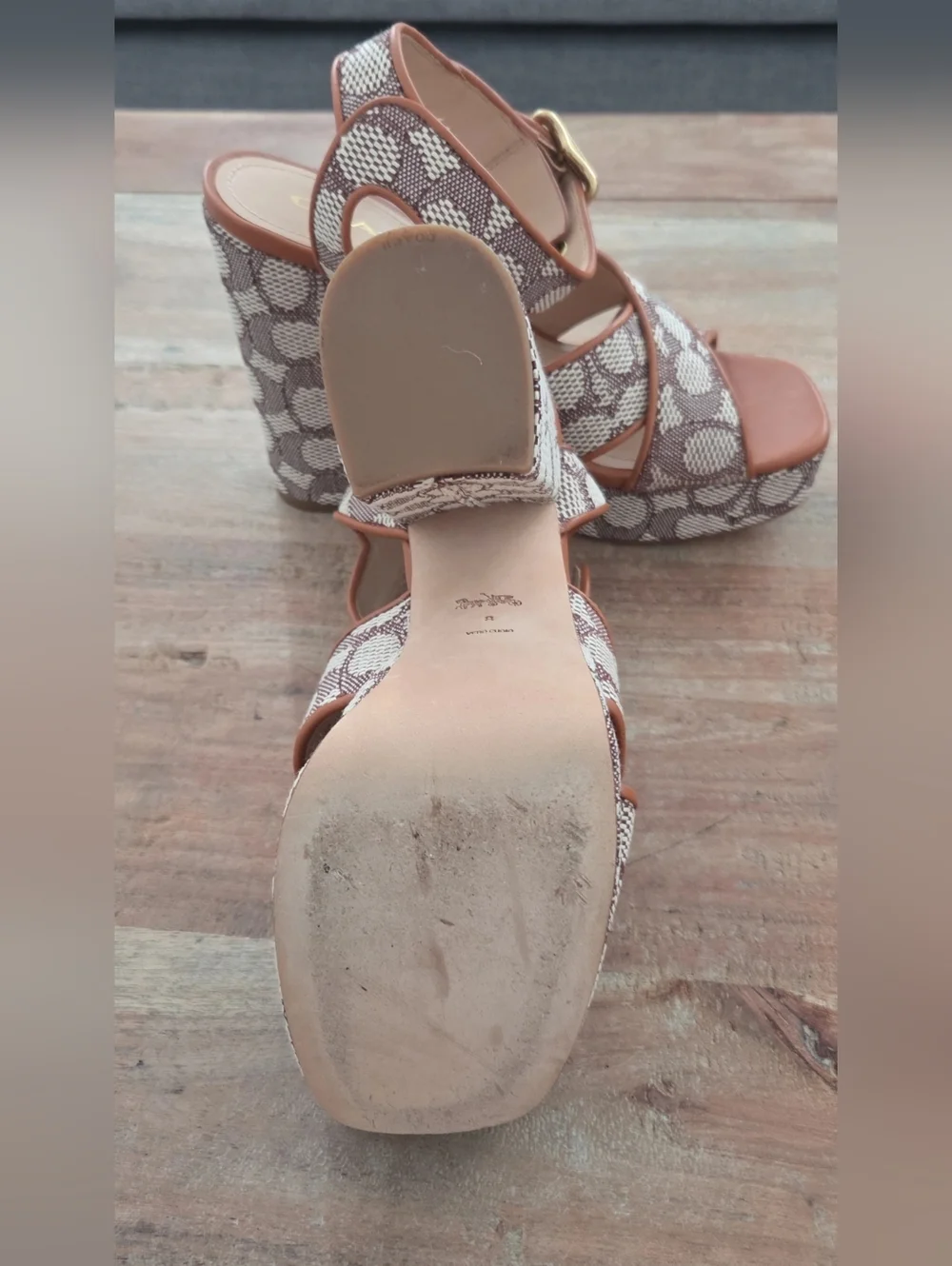 Coach Brown and Cream Signature Platform Block Heel Sandals - Picture 3 of 5